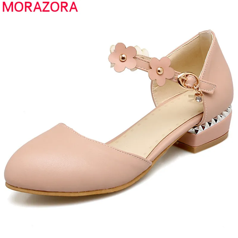 

MORAZORA 2020 spring summer shoes with buckle flower round toe square heels casual dress elegant pumps women shoes