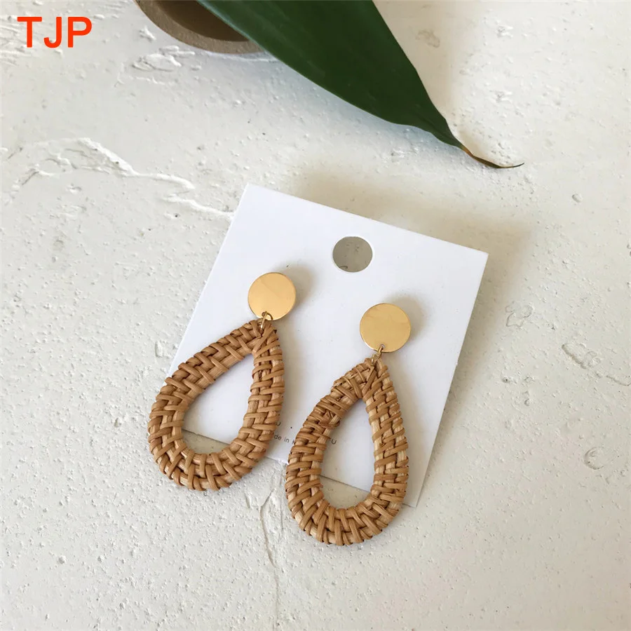 

2019 New Handmade Bamboo Braid Pendant Drop Earrings Round Oval Retro Wood Rattan Weave Knit Long Dangle Earrings For Women