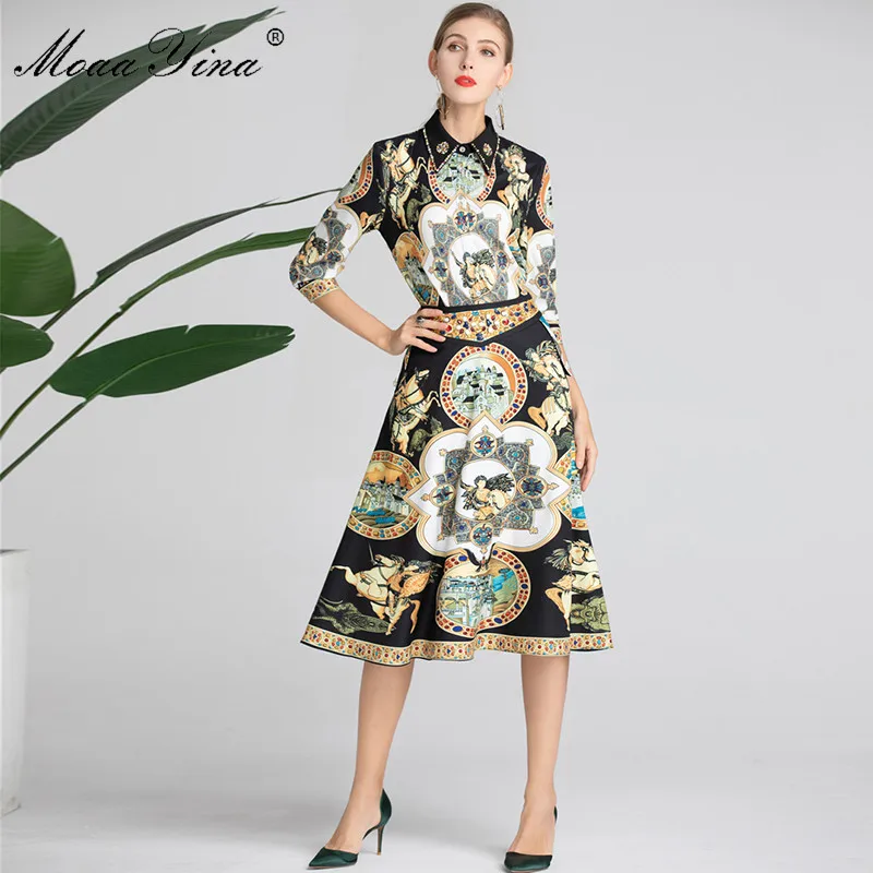 MoaaYina Fashion Designer Set Lente Vrouwen Half mouw Kralen Vintage Print Zwarte Elegante Shirt Tops + Midi Rok Twee- stuk pak MoaaYina Fashion Designer Set Lente Vrouwen Half mouw Kralen Vintage Print Zwarte Elegante Shirt Tops + Midi Rok Twee- stuk pak