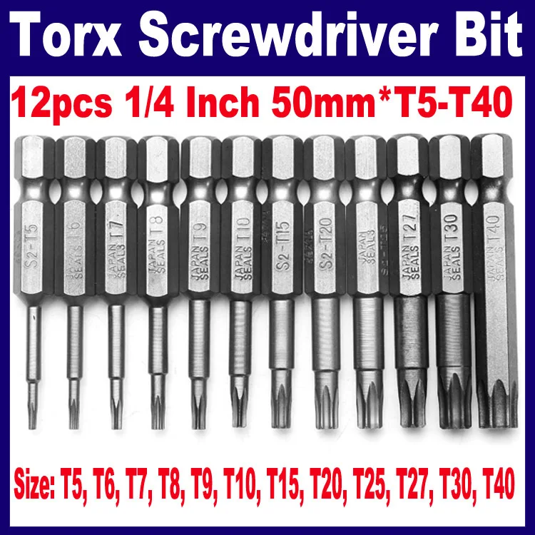 12pcs 1/4 Inch 50mm*T5 T40 Torx Screwdriver Bits Set on