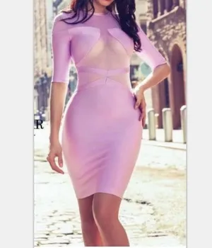 

Fashion Women Bodycon Bandage Dress Purple O-Neck Evening Club Party Dresses Vestido Mesh Perspective Pencil Spring Autumn dress