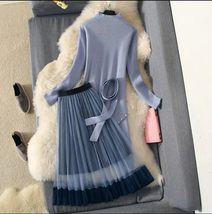

2019 New Spring Fashion Women's High Collar Beads Irregular Long Knit Dress + Pleated Gauze Skirt Student Girls Skirt Suits
