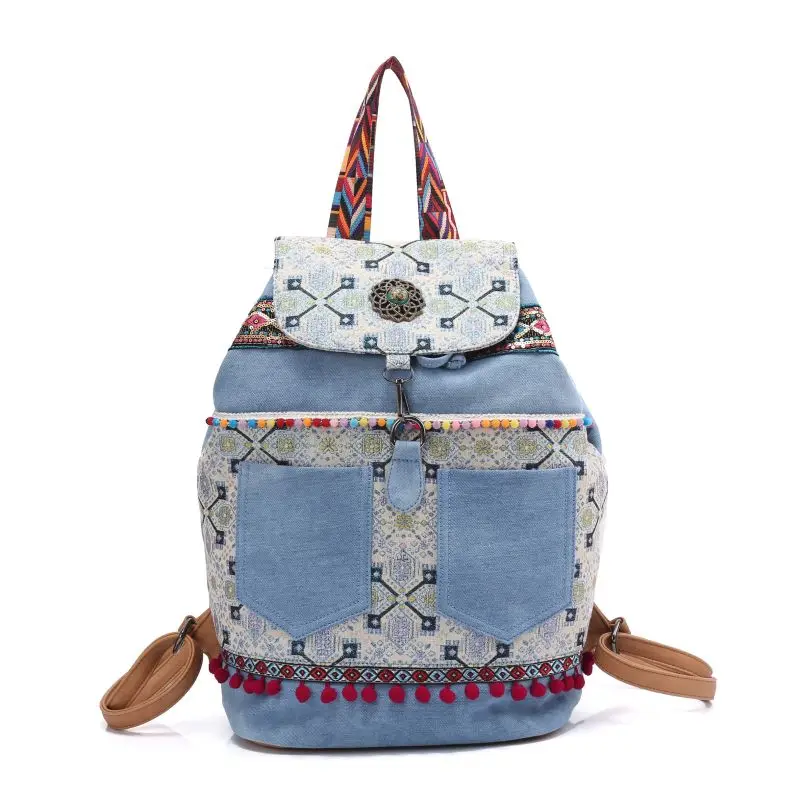 women's backpack boho blue denim canvas bohemian hippies shoulder bag