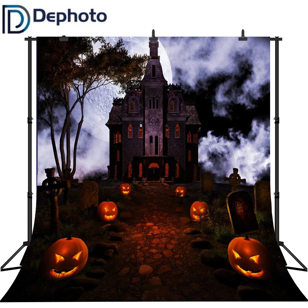 

Dephoto Seamless Vinyl Halloween Pumpkin Shape Street Light Gloomy Castle Backgrounds For Photo Studio Photography Backdrops