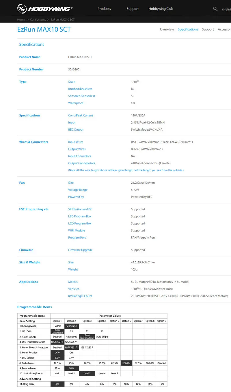 Hobbywing EzRun MAX10 SCT 30102601 бесщеточный 120A ESC 2-4 S для RC 1/10 monster truck с электронным контролем скорости