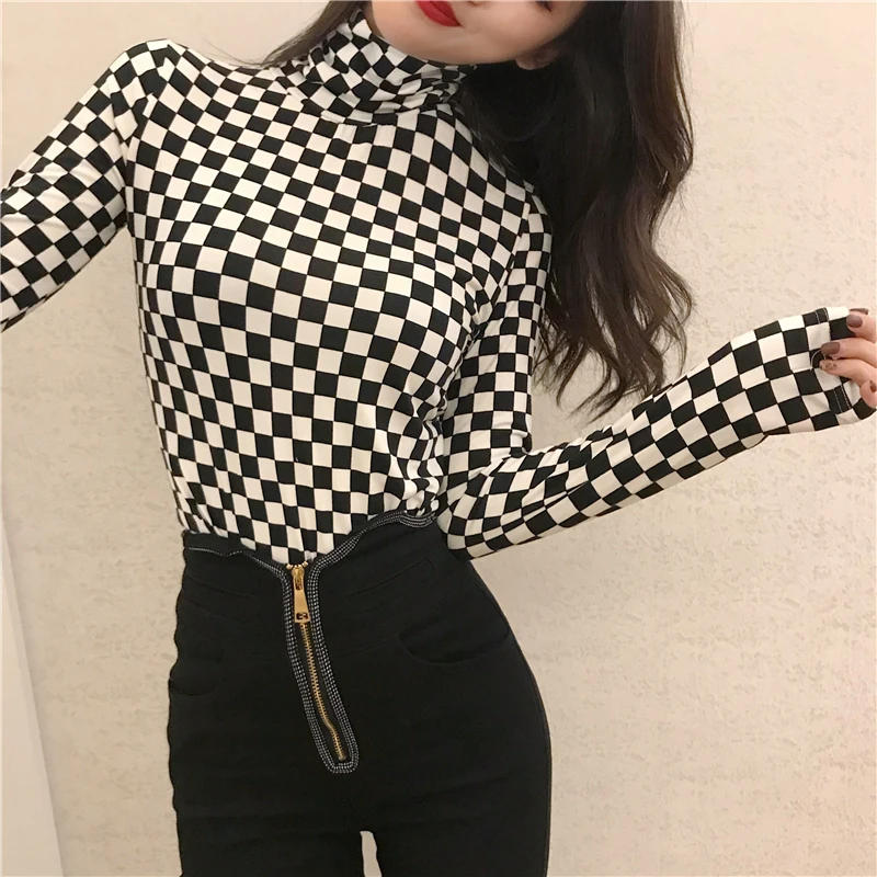 Blusa Sexy de cuadros blancos y negros para mujer, ajustada agujeros, camisetas de larga - AliExpress