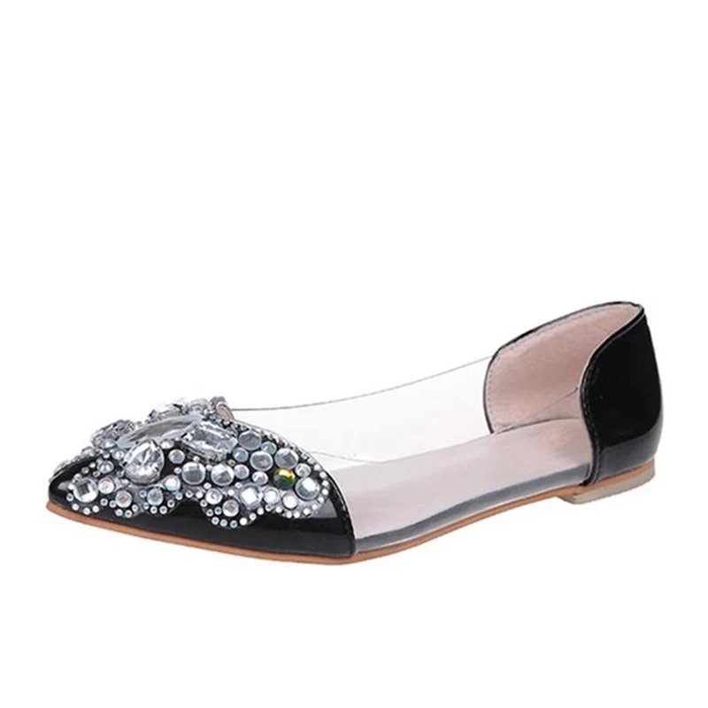 Женская обувь на плоской подошве; Лоферы со стразами; прозрачные туфли с острым носком из искусственной кожи высокого качества; женская повседневная обувь для вечеринок - Цвет: black
