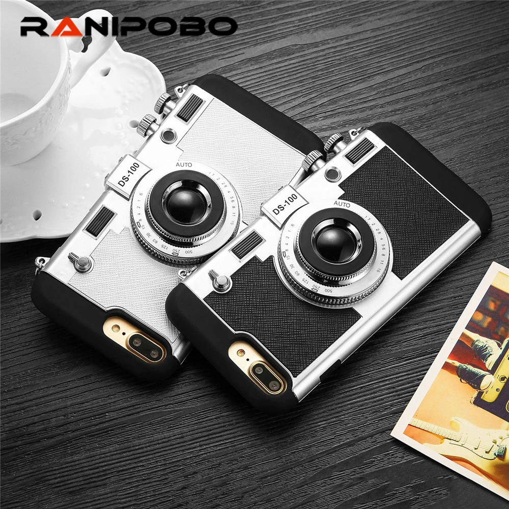 

Korea Luxury 3D Retro Camera Phone Case for Iphone 6 6s 6Plus 7 7plus TPU+PC Hybrid Red Case with Lanyard Back Cover Fundas