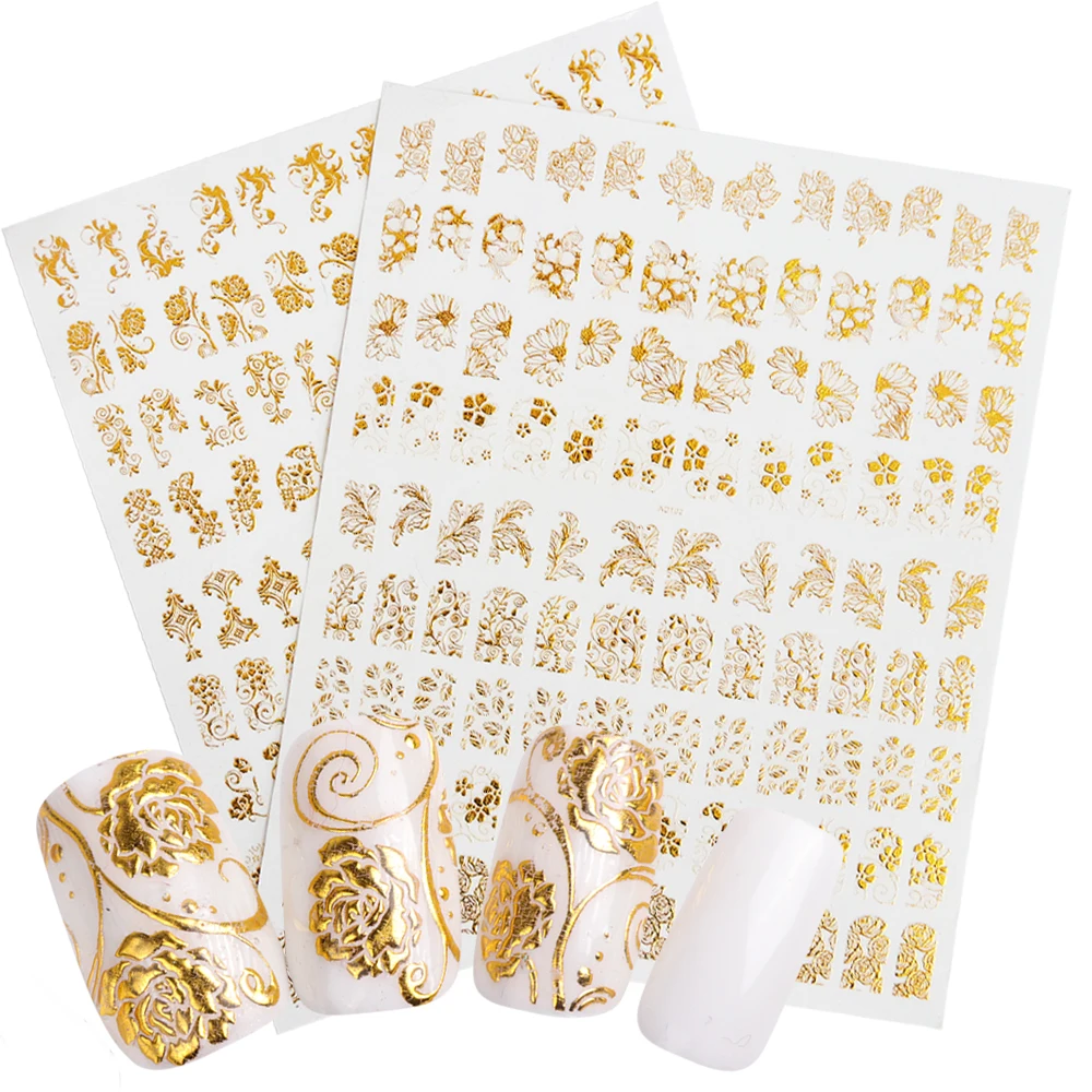Полная красота 1 шт золотые рельефные 3D наклейки для ногтей металлические Смешанные Цветочные узоры для ногтей художественные талисманы клейкие Наклейки для декора CHAD101/102