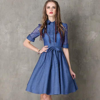 

2017 Fall Outfit Retro Big Swing Cotton Dress Women Lace Patchwork Holow Out Dress High Quality Denim Dresses Women A8121