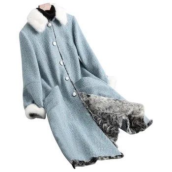 

New Fashion Luxury Real Fur Coat Female Long Natural Lamb Fur Lining Women Winter Tweed Woolen Coats Mink Fur Collar Z351