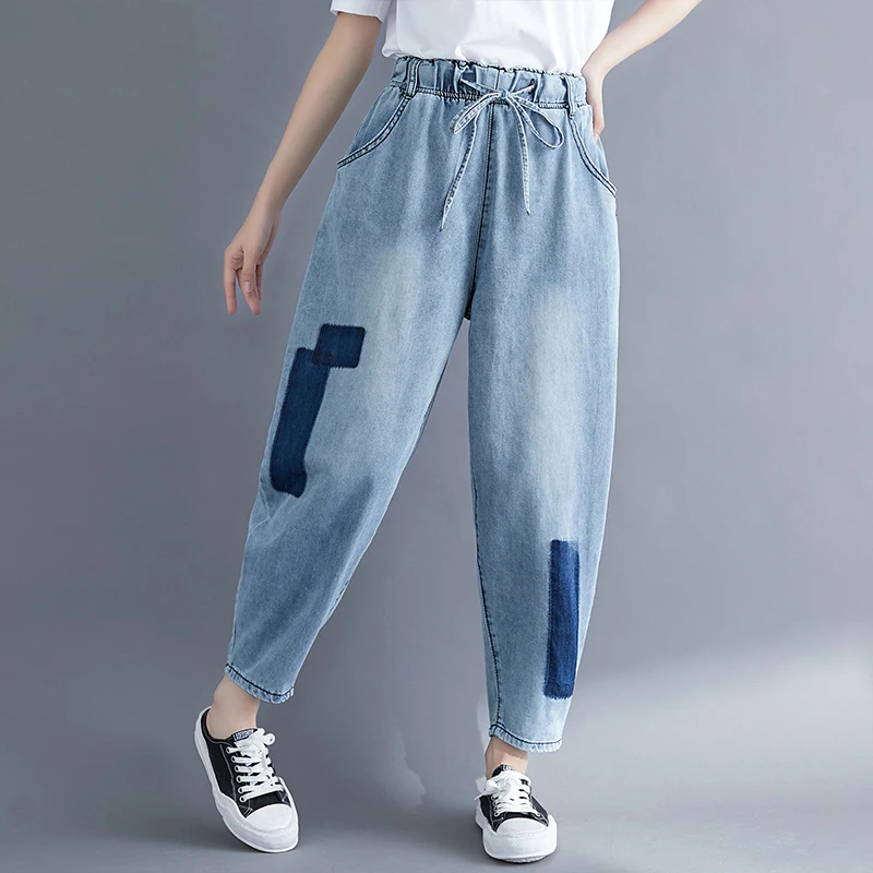 

Ankle-Length Jeans Women Summer 2019 Casual Loose Trousers Drawstring Elastic Waist Pockets Washed Denim Jeans Pants