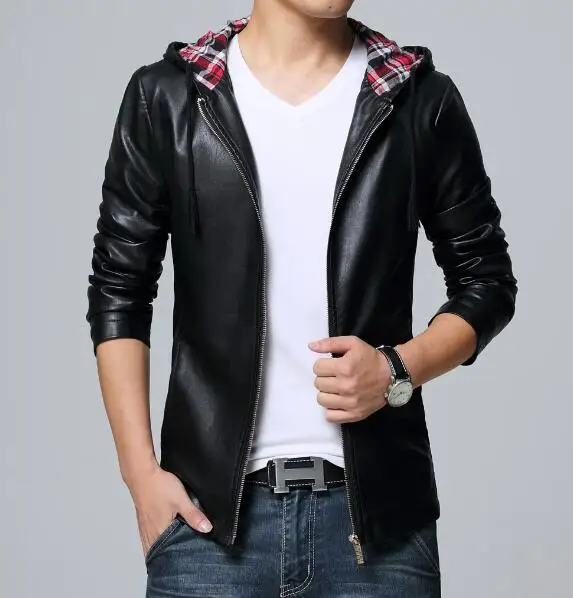 Новая искусственная кожа для мужчик куртки с капюшоном Пальто черное вино красное большие размеры 5XL Прямая Высокое качество мужские плюс пальто мужская одежда - Цвет: HM5036 Black