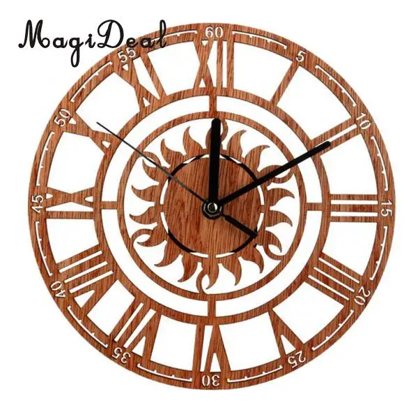 Large Round Sun Shaped Vintage Roman Handmade Decorative Art Wooden Large Wall Clock On The Wall For Gift 23cm