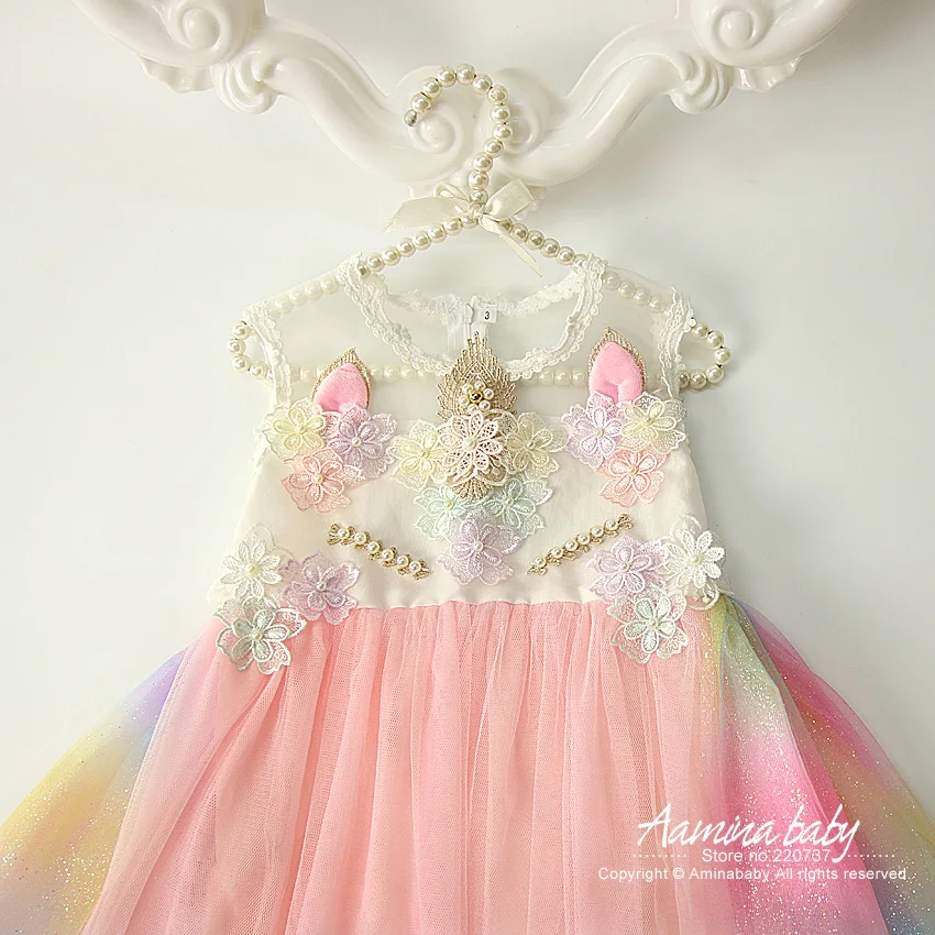 

Colorful Unicorn Brithday Party Baby Girls Dress, Flowers Embroidery Raibow Mesh Toddler Summer Princess Kids dresses for girls