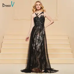 DressV черный вечернее платье Line Scoop шеи Элегантный Аппликации длиной до пола Свадебная вечеринка торжественное платье кружевное вечернее