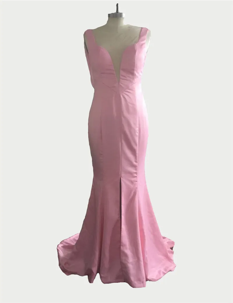 2017 Sexy Front Slit Beaded Satin Mermaid Evening Dresses Light Pink Illusion Back Beading Robe