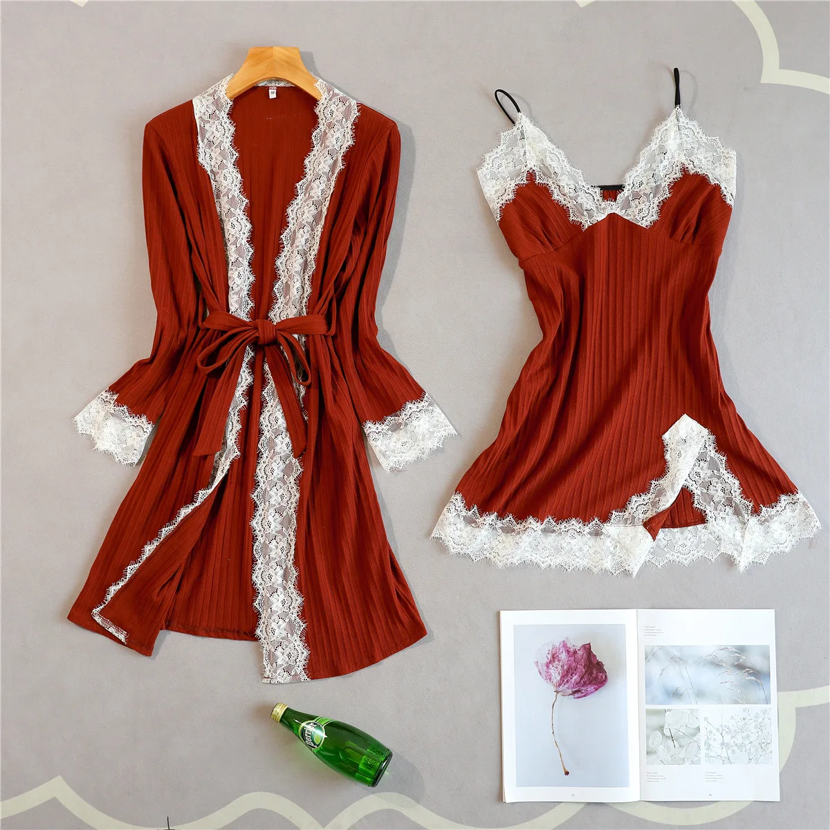 

2PCS Cotton Long Sleeve Women Nighty&robe Set Sexy Solid Color Intimate Lingerie Sleepwear Lace Waistband Nightown Home Clothes