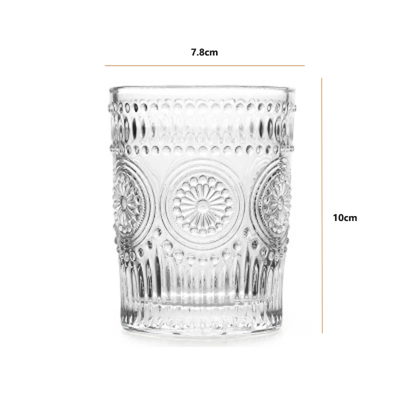 Antique Class Cups Clear Color Fancy Embossed Glass Cups Sunflower Pattern 300ml