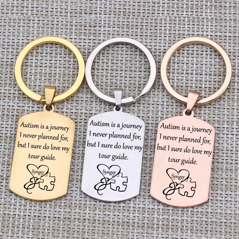 

Autism Awareness Key Chain Engraved "Autism Is A Journey"Name Customized Keyring Holder Handmade Jewelry 3 Colors Keyring Gift