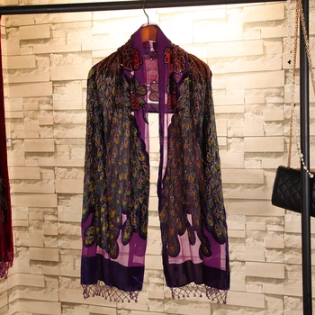 

Purple Shawls Embroidery Peacock Scarf Shawl Handmade Beaded Pashmina Scarves Women's Bufanda Velvet Silk Cape Mantilla Chal