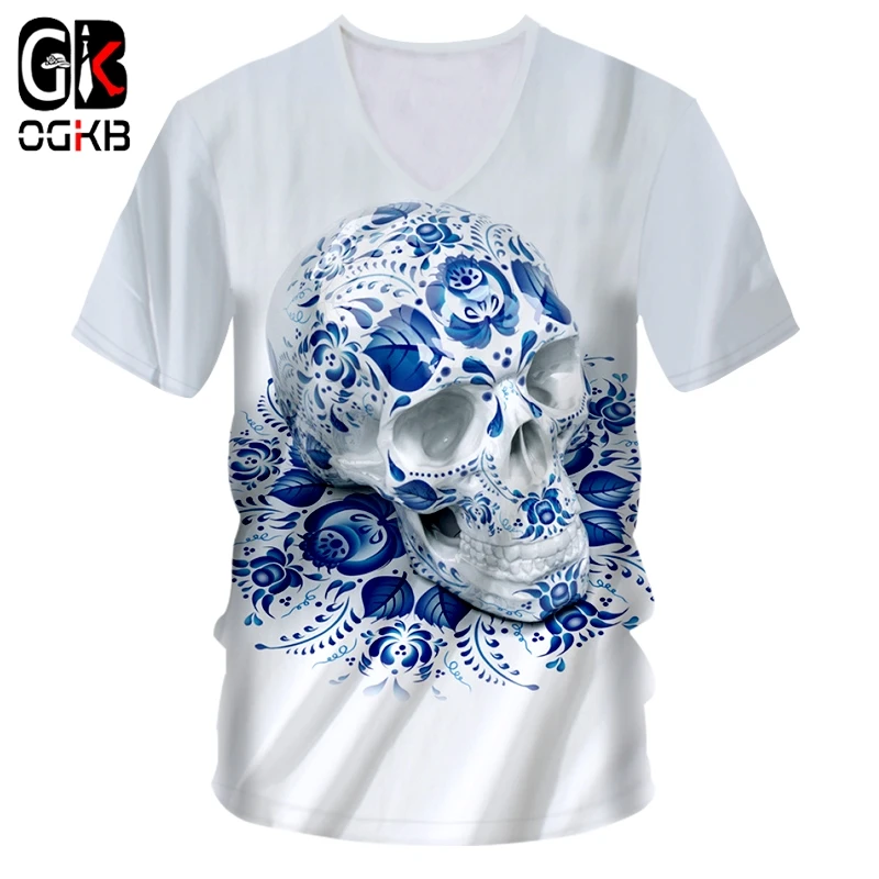 

OGKB T Shirts Men's Hot V-neck Short Sleeve Skulls 3D Tee Shirt Printing Blue Skulls Hip Hop Street 7XL Clothing Unisex T-shirt