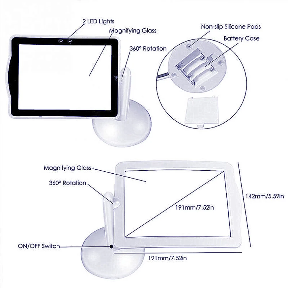 Eye Magnifying Glass Glasses Magnifier with Illumination Rotation Rotary Reading Brighter Viewer Desktop Large Screen 2LED 3X