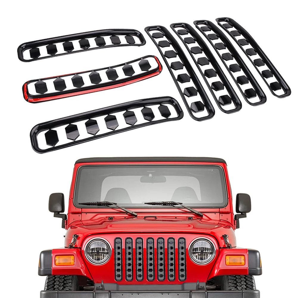 WISENGEAR For Jeep Wrangler TJ 1997-2006 Black Front Grille Mesh Honeycomb Stripe Insert Grilles Frame Cover Vent Radiator Grill