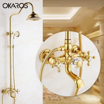

OKAROS Wall Mounted Bathroom Shower Faucet Set RotationTub Spout With Hand Held Shower Spray With 8" Rainfall Head Dual Handles