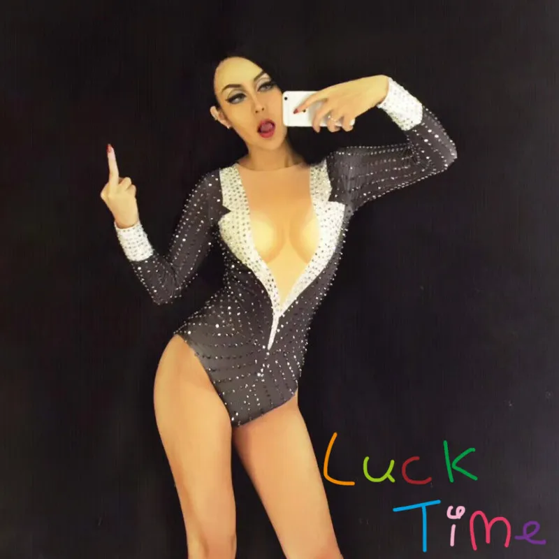 

Hot Sale New Black Sexy Sparkling Crystals Bodysuit Nightclub Party DJ Dancer Singer Stage Wear Costume Women