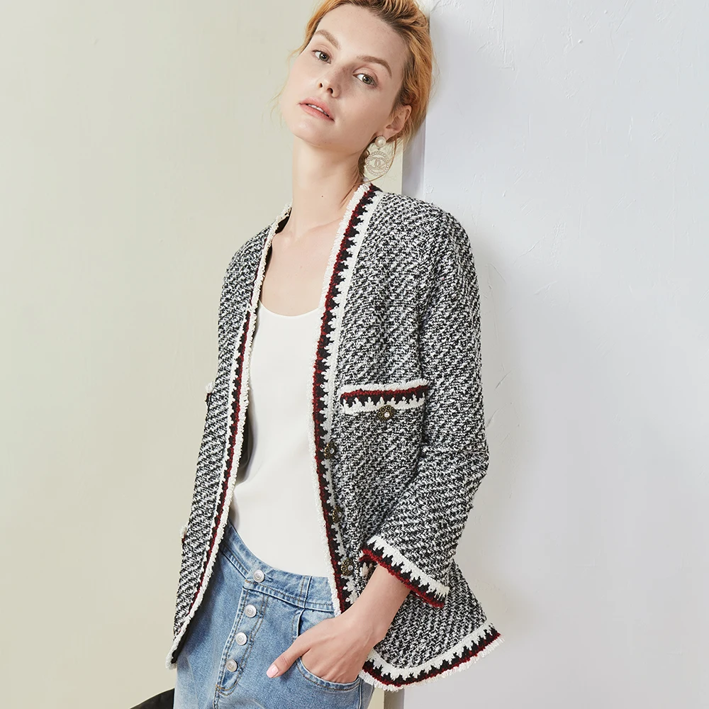 Cardigan Coat Women Slim Jacket Classic Design Spliced V Neck Long