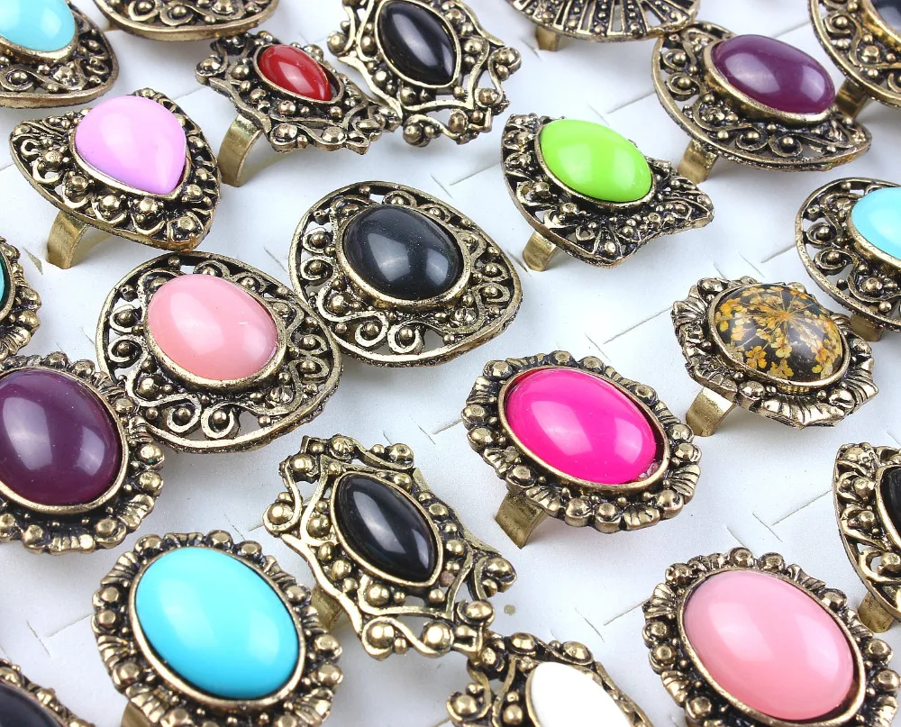 

QIANBEI Wholesale Lots 5Pcs Charms Mens Mix Style Colorful Resin Stone Bronze Plated Finger Band Women Stone Rings free