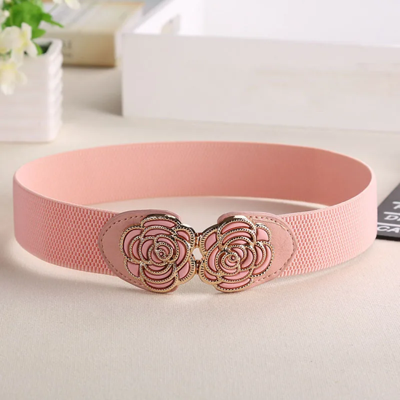 Hot Women Wide Waist Belt Vintage Metal Flower Elastic Stretch Buckle Waistband Cummerbunds black waist belt