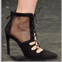 Новинка; черные замшевые женские ботинки; босоножки с вырезами и острым носком; ботильоны на шнуровке; обувь на высоком каблуке; женские ботинки; Botas Mujer;