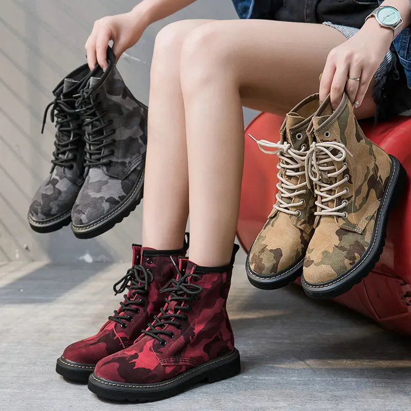 

2019 New Fashion Camouflage Boots Women Shoes for Lady Genuine Leather Boots Hot Brand Martin Boots Breathable Grey Wine Soft