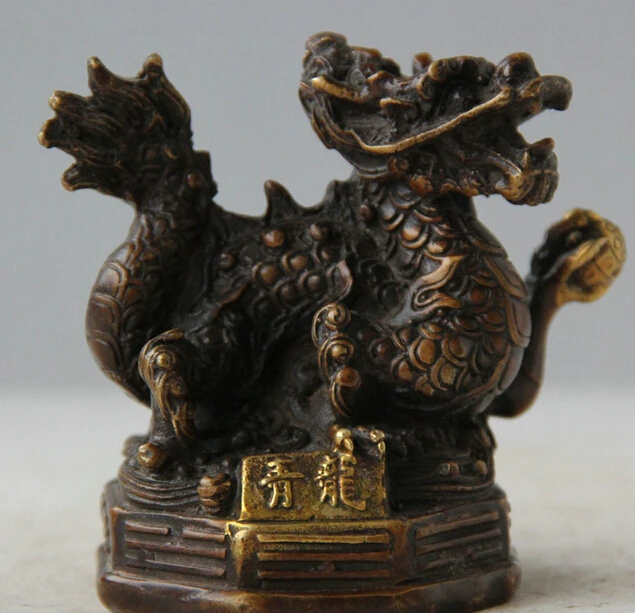 

Old Chinese Bronze Gild Success Play Bead Green Dragon Four Big God Beast Statue S0706