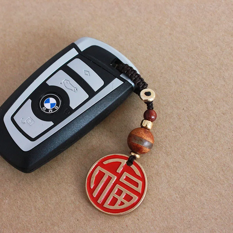 

Original handmade car key ring pendant pure copper blessing card retro Chinese style key chain bag pendant
