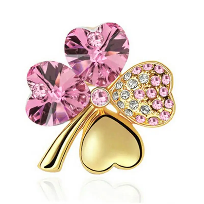

Women Girl Sweet Lucky Gold/Silver Plated Four Leaf Clover Shape simulated Crystal Cloth Pin Brooch