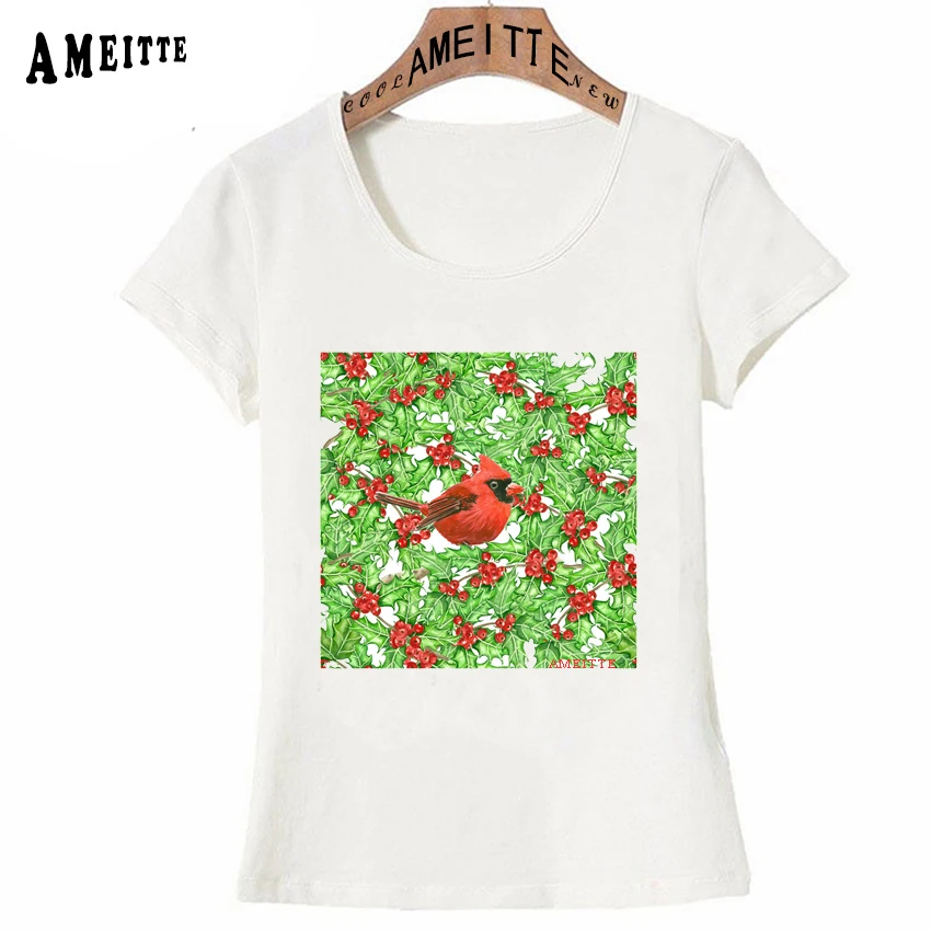 

Funny Cardinal and holly berry watercolor pattern Print T-Shirt Summer Fashion Women T Shirt Cute Girl Casual Tops Ameitte Tees