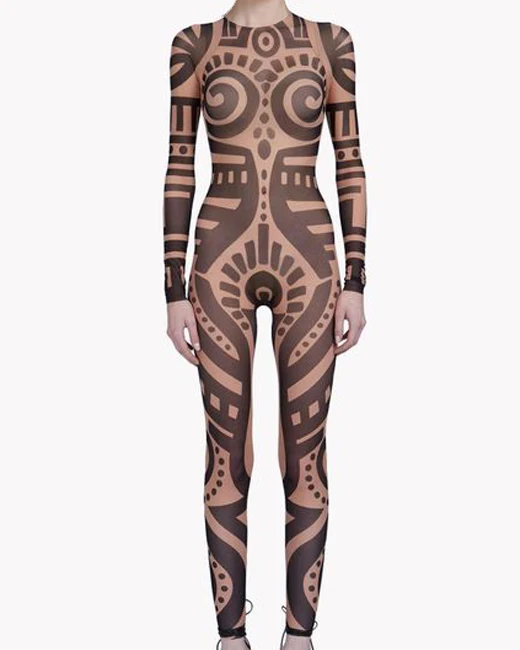 Летний женский винтажный комбинезон в этническом стиле с принтом тату, сетчатый комбинезон, пышный Африканский подиумный комбинезон, комбинезон знаменитостей