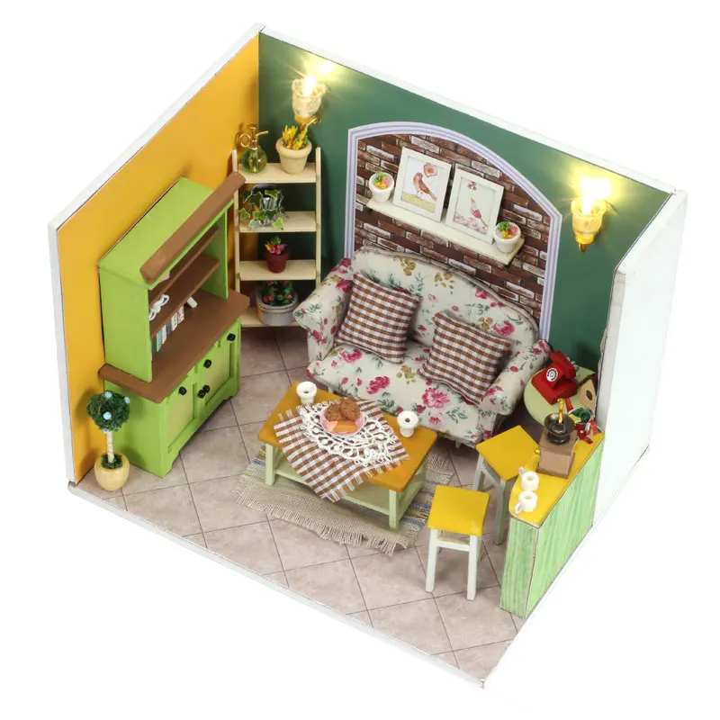 

DIY Doll House Miniature Creative Model With 3D Furnitures LED Wooden Handmade Dollhouse Toys Gift Green Island Tea Q002 #E