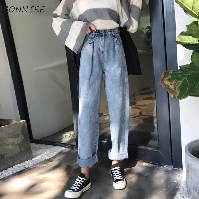 

Jeans Women High Waist Ankle-length Button Zipper Fly Pockets Denim Vintage Solid Harajuku Womens Korean Style All-match Female