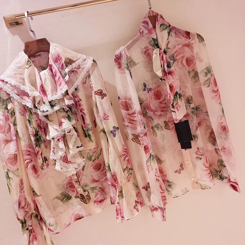 TWOTWINSTYLE, шифоновая блузка с принтом, женская, с цветочным рисунком, с оборками, из кусков, с расклешенными рукавами, летняя рубашка, топы, Женская мода, OL одежда