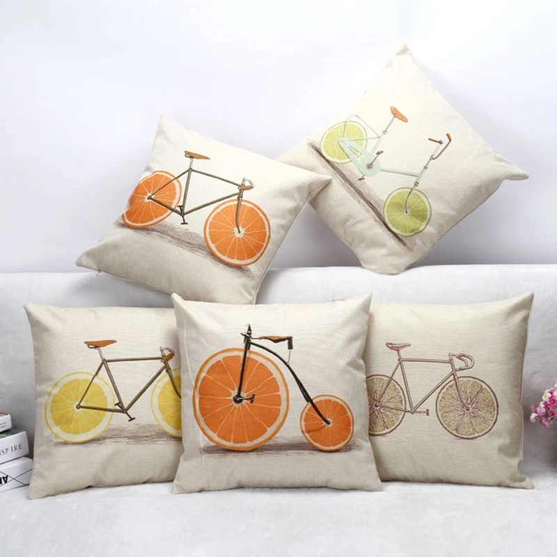 

1Pc 45*45cm Composite Linen Fruit Bicycle Throw Pillow Case Cushion Waist H3218