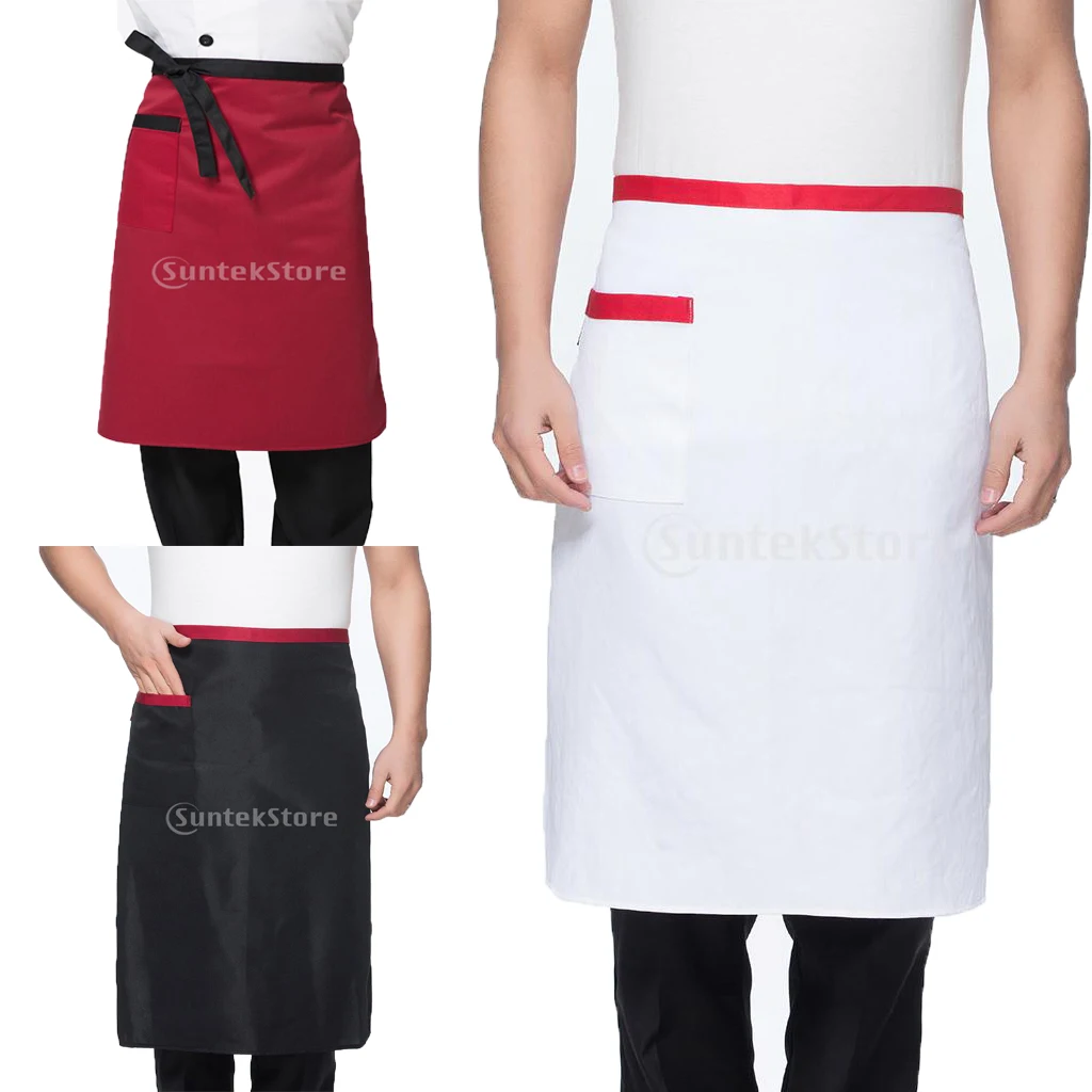 Men’s Women’s Blank Polyester Half Body Apron Washable Pocket Butcher Waiter Chef Kitchen Cooking Apron