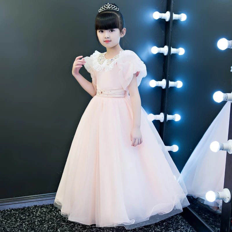 

2019 New Spring Summer Luxury Pink Color Children Girls Ball Gown Birthday Dress Kids Evening Party Wedding Costume Long Dress