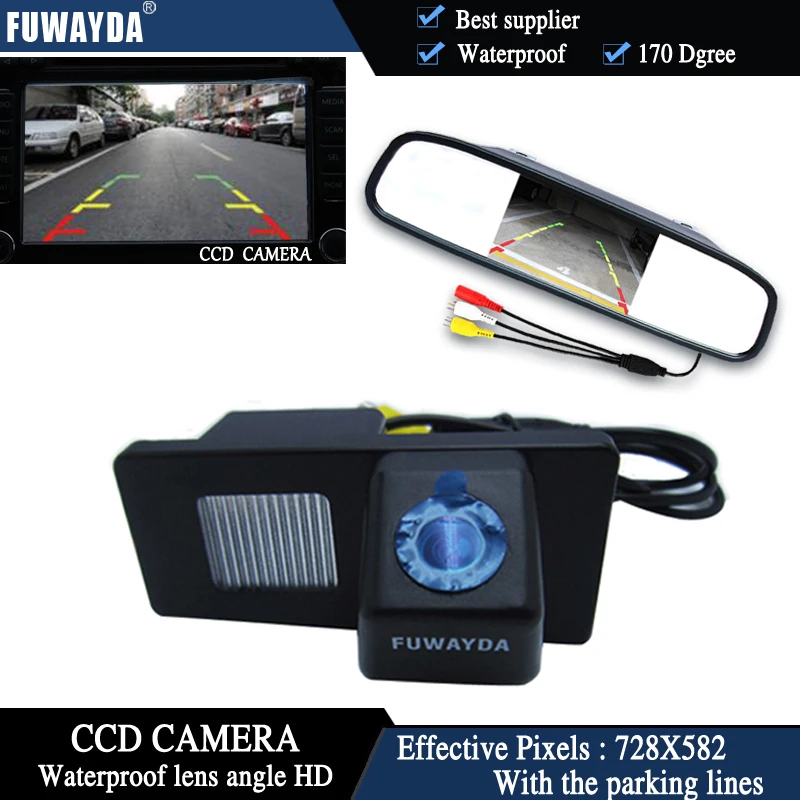 

FUWAYDA Color CCD Chip Car Rear View Camera for Ssangyong Rexton Ssang yong Kyron + 4.3 Inch rearview Mirror Monitor waterproof