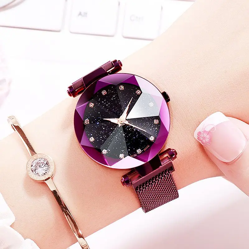 Модные Повседневные розовые черные женские часы Роскошный минимализм звездное небо магнитная пряжка женские наручные часы со шкалой из кристаллов водонепроницаемые - Цвет: Purple