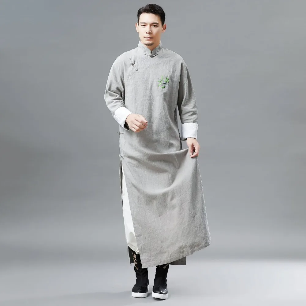 LZJN Chinese Men Classic Master Clothing X-Long Linen Trench Robe Gown Coat Two Side Slit Kung Fu Tai Chi Traditional Outfit (25)