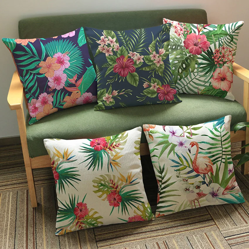 Tropical Plant Leaves Flowers Flamingo Bird Parrot Home Decoration Couch Cushion Office Chair Back Pillow for Sofa Linen Cotton 2